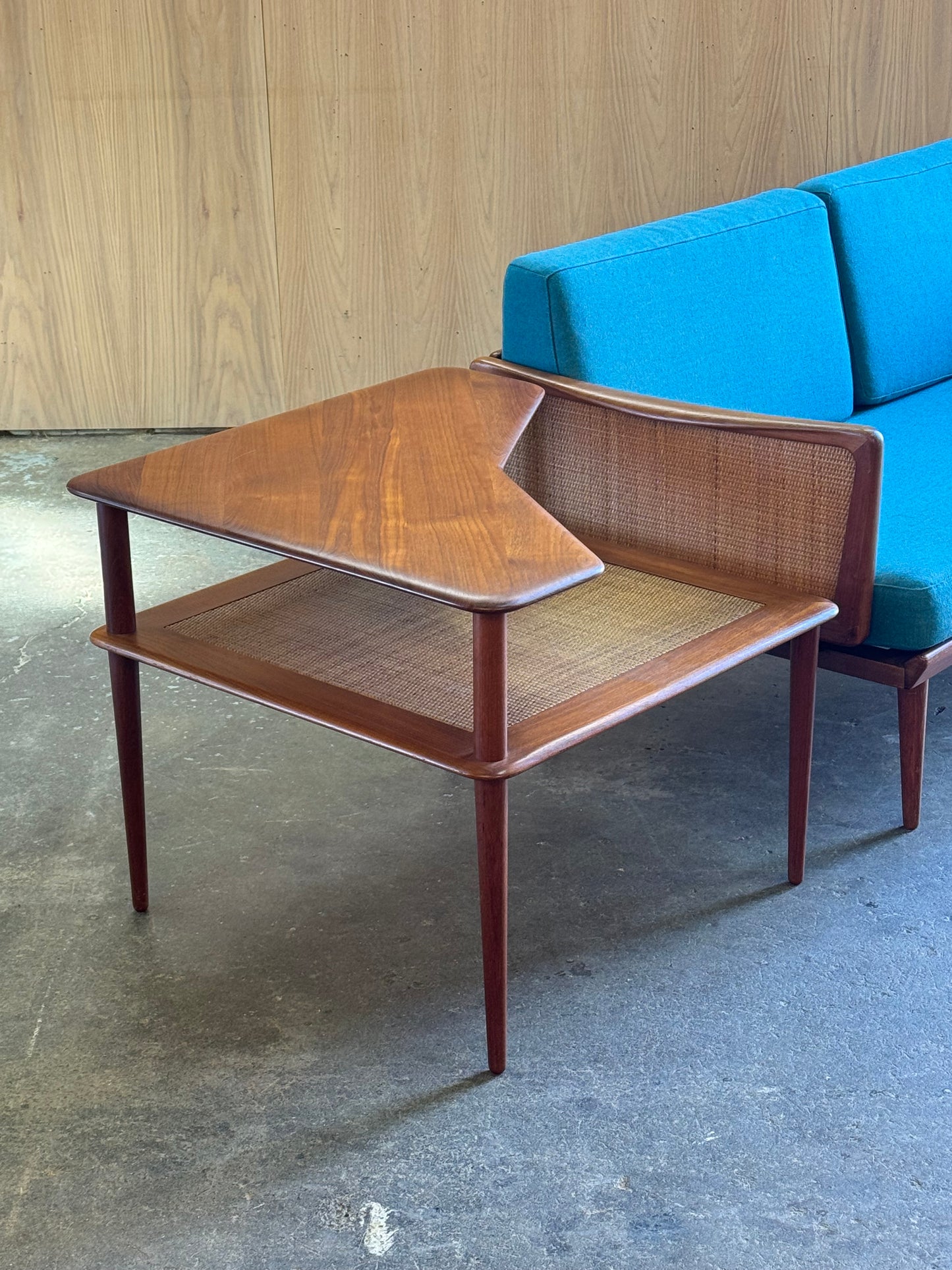1960s Minerva 417 Abcc Corner Table by Peter Hvidt & Orla Molgaard Nielsen for France & Son in teak and rattan