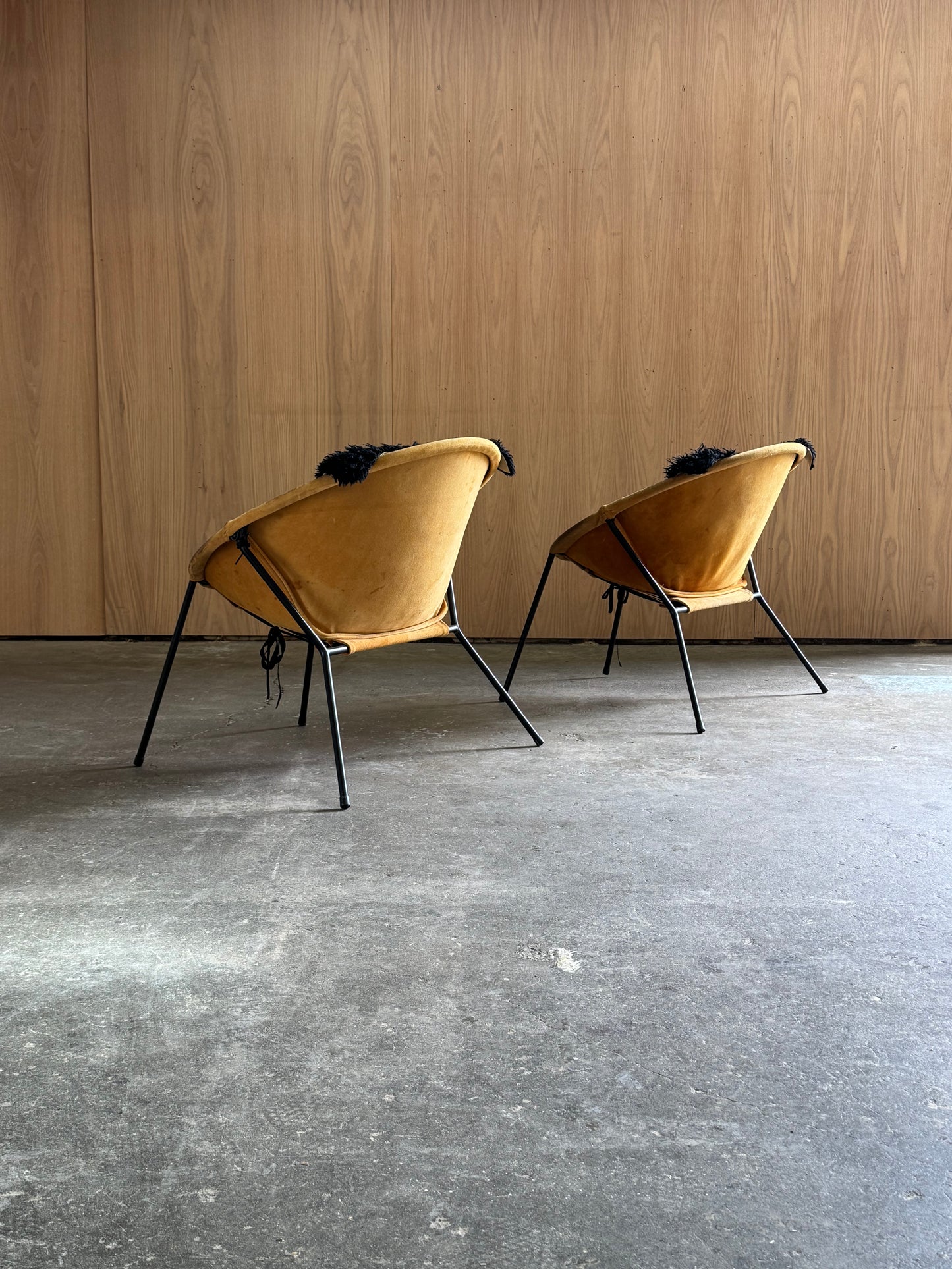 1960s Balloon Chair Pair by Hans Olsen for Lea Design in steel and mustard leather