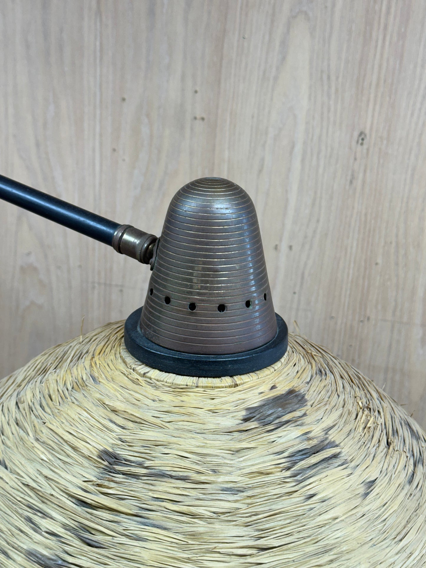 1950s Adjustable French Wall Lamp by Maison Arlus in brass, metal, and rattan
