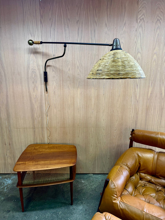 1950s Adjustable French Wall Lamp by Maison Arlus in brass, metal, and rattan