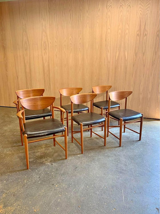 Set of Six Danish Teak and Leather Dining Chairs by Peter Hvidt