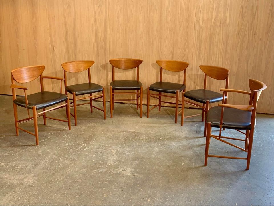 Set of Six Danish Teak and Leather Dining Chairs by Peter Hvidt