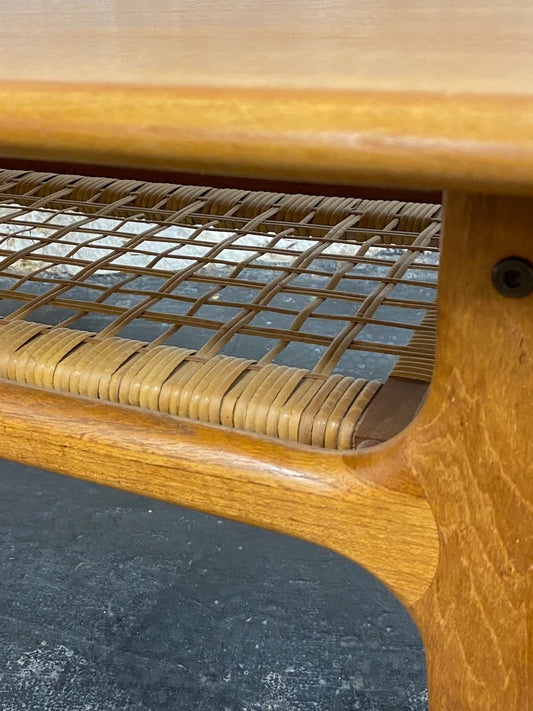 1960s Danish Teak Coffee Table with Caned Shelf