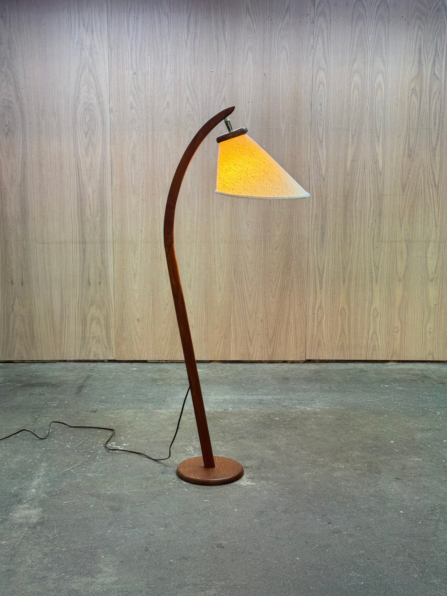 1960s Arc Floor Lamp in teak and fabric shade