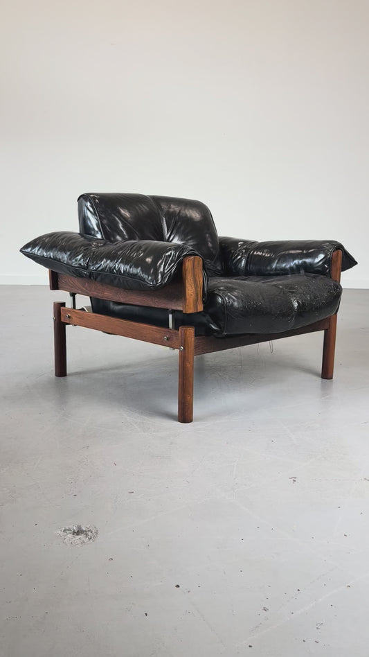 1960s MP-13 Lounge Chair by Percival Lafer in Original Black Leather and Brazilian Rosewood.