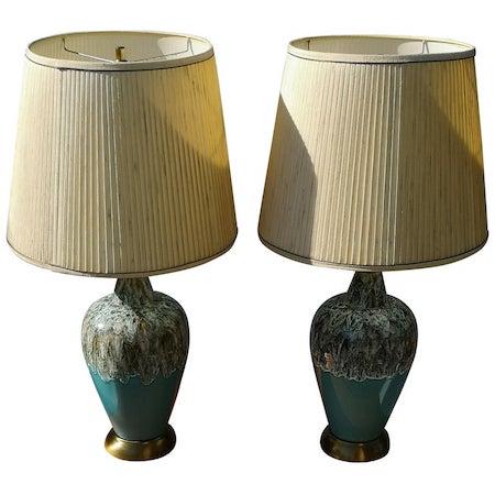 Pair of walnut and ceramic table lamps