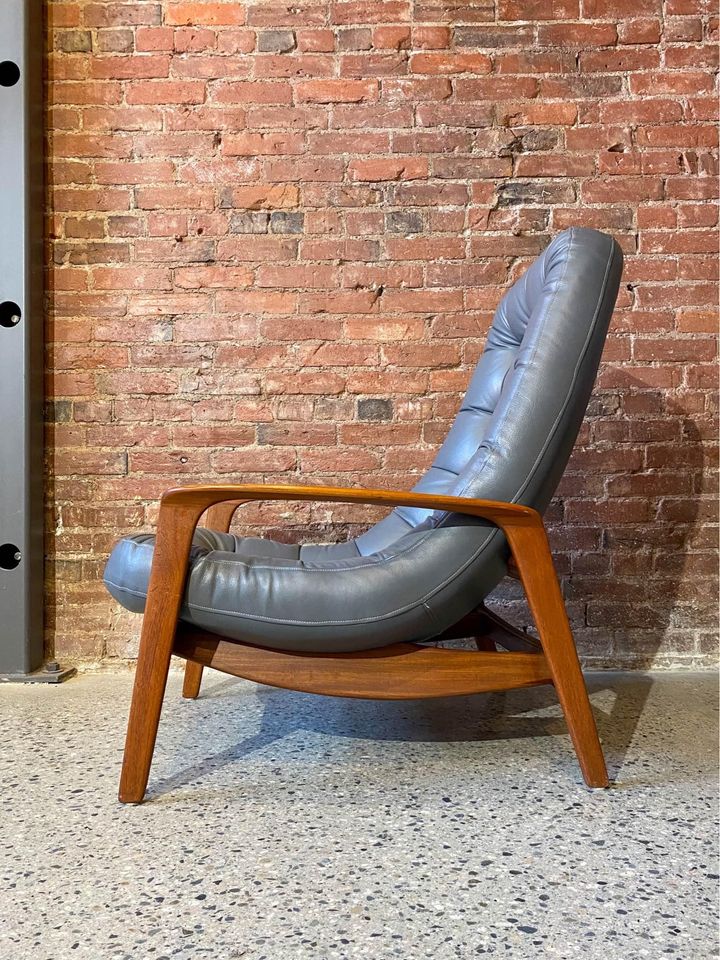 1960s Mid Century “Scoop” Teak and Leather Lounge Chair by R Huber