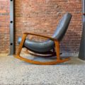 1960s Mid Century “Scoop” Teak and Leather Rocking Chair by R Huber