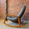 1960s Mid Century “Scoop” Teak and Leather Rocking Chair by R Huber