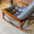 1960s Mid Century “Scoop” Teak and Leather Rocking Chair by R Huber