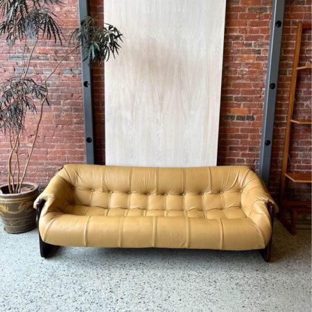 1970s Brazilian MP97 Wood and Leather Sofa by Percival Lafer